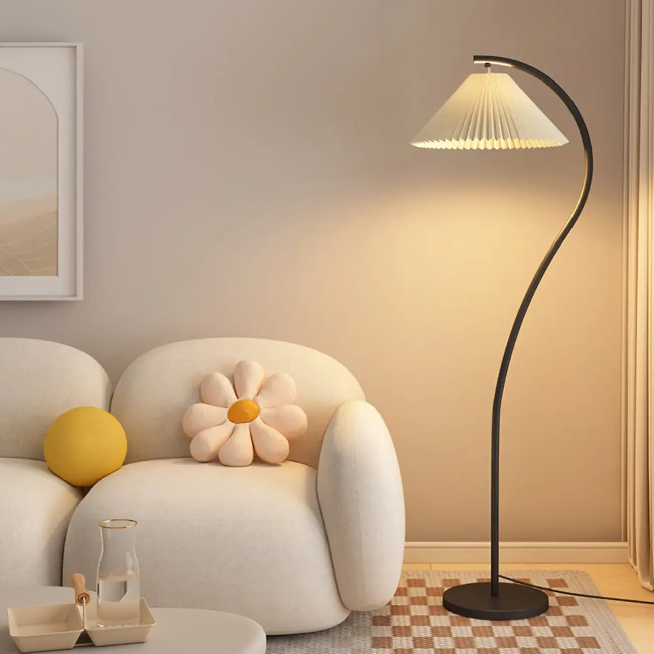 Modern Pleated Fabric White Metal 61 Floor Lamp