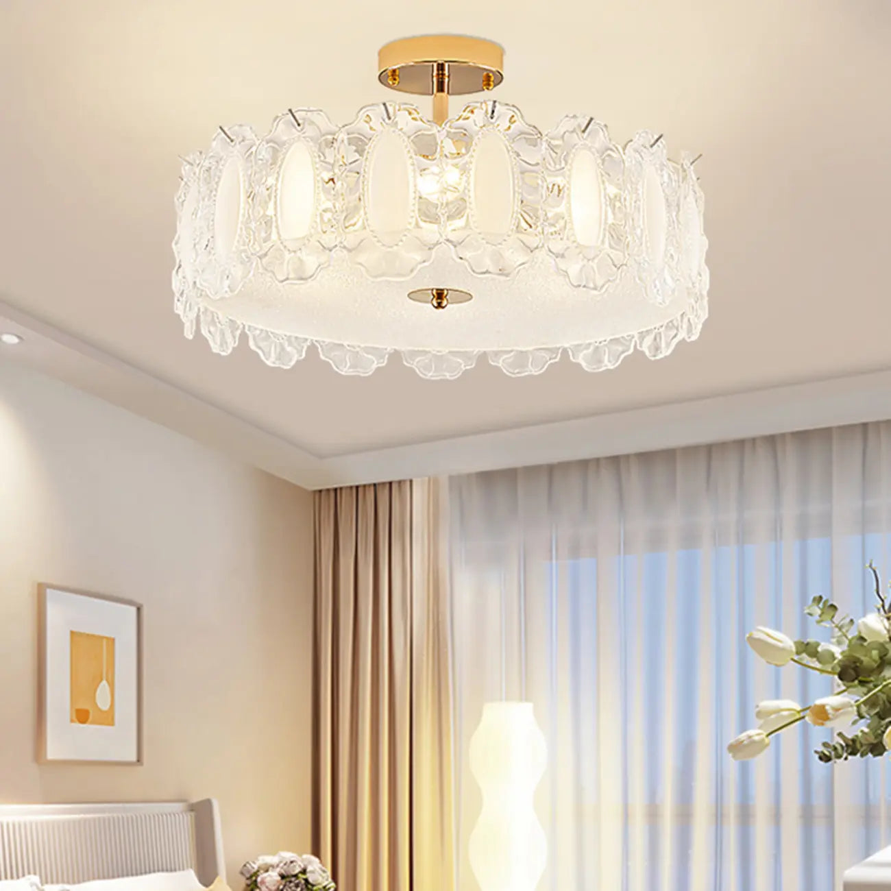 Modern Elegant Feather Glass Semi Flush Ceiling Light