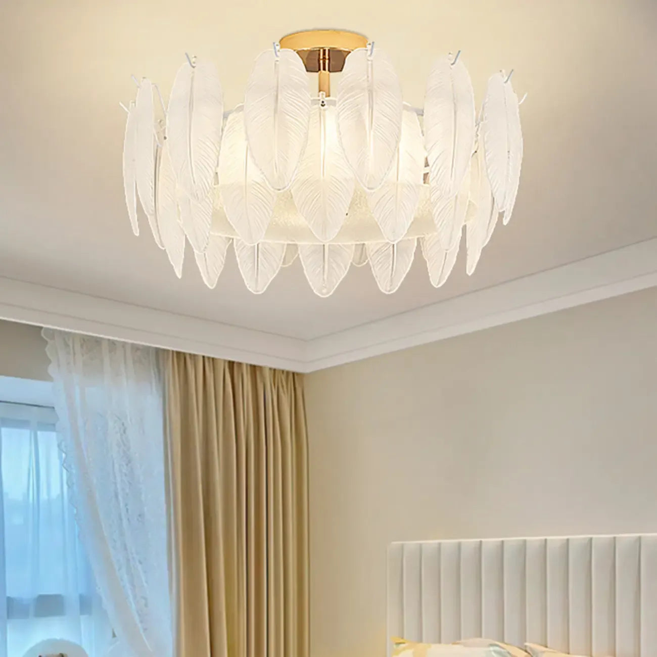 Modern Elegant Feather Glass Semi Flush Ceiling Light