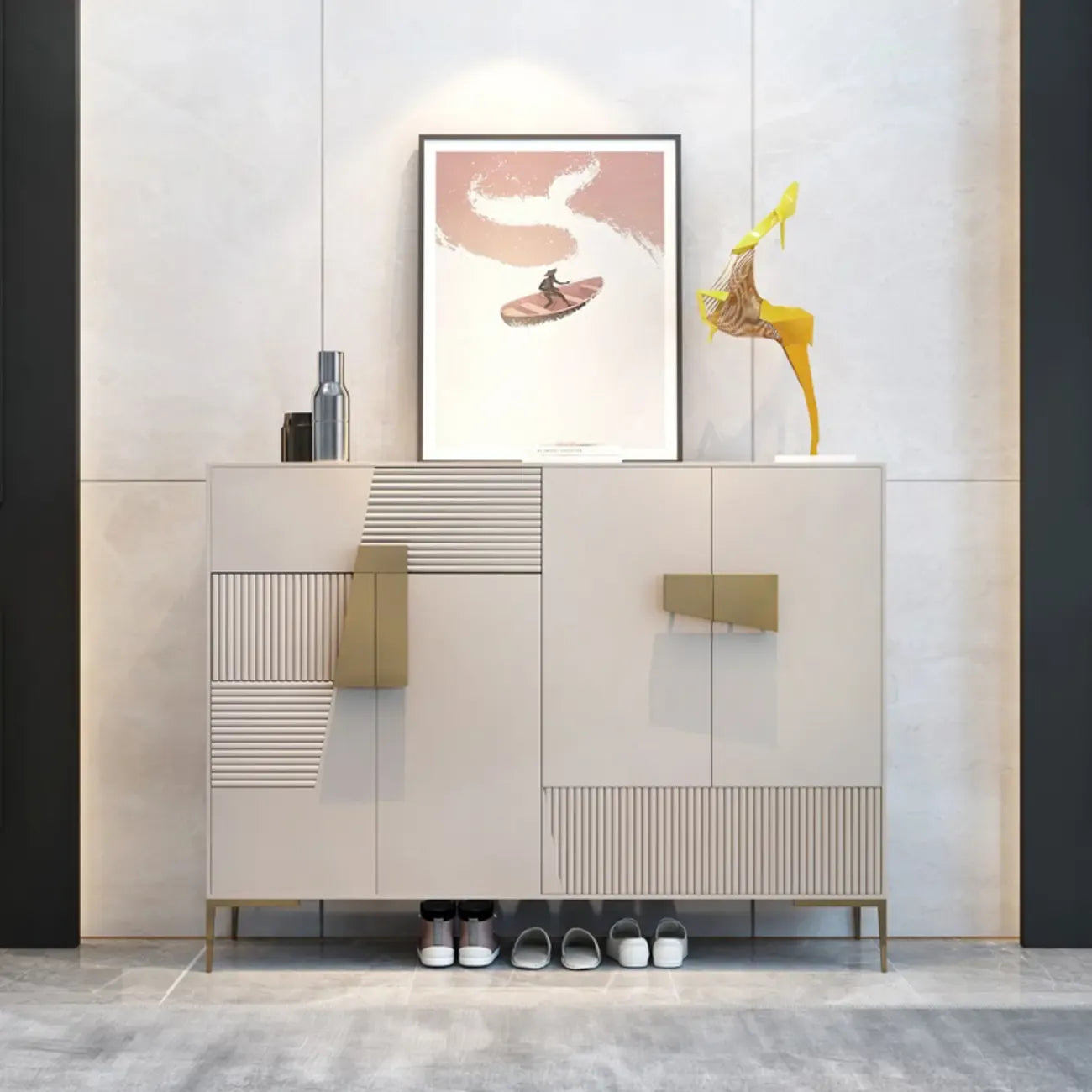 Elegant Fluted Entryway Shoe Cabinet with Drawer