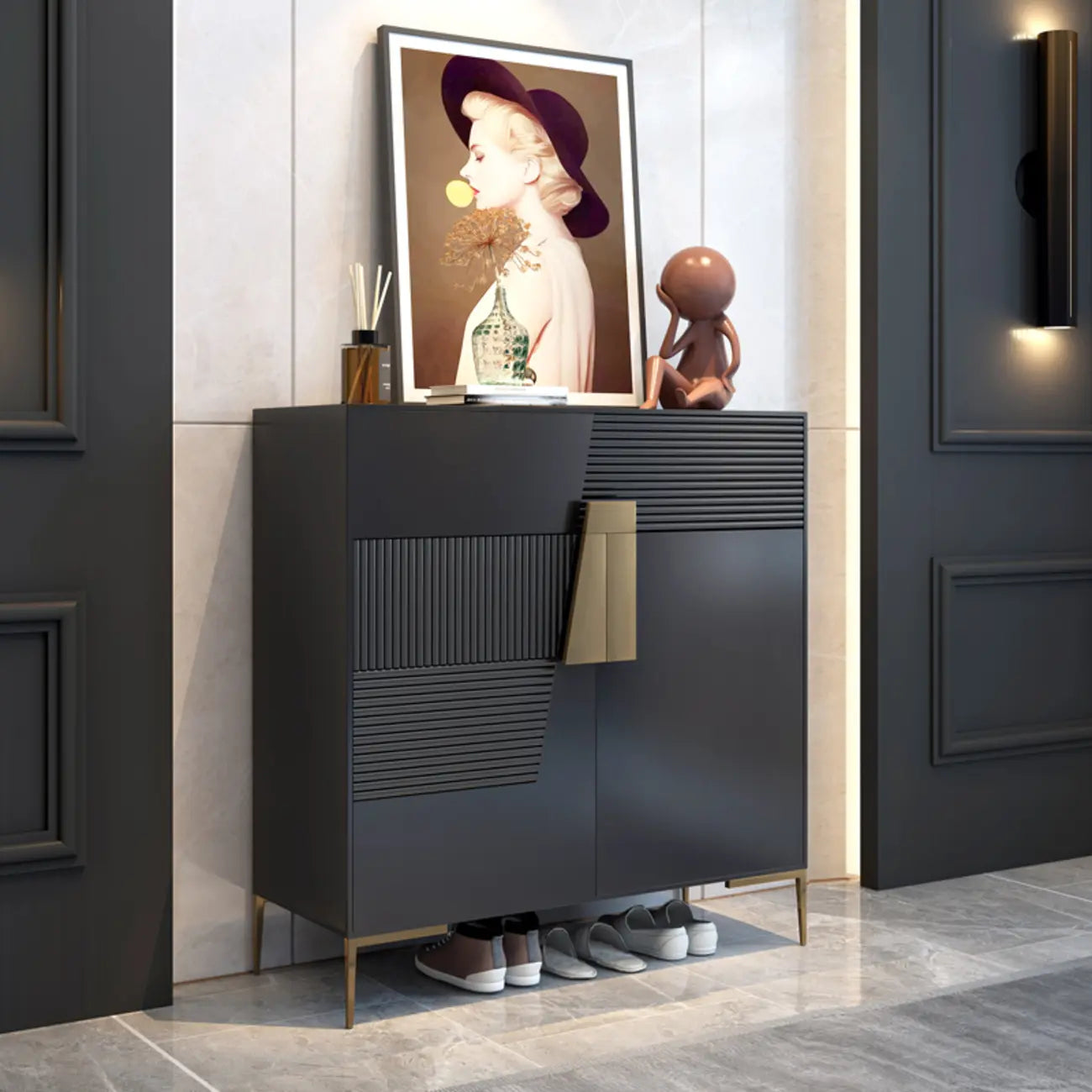 Elegant Fluted Entryway Shoe Cabinet with Drawer