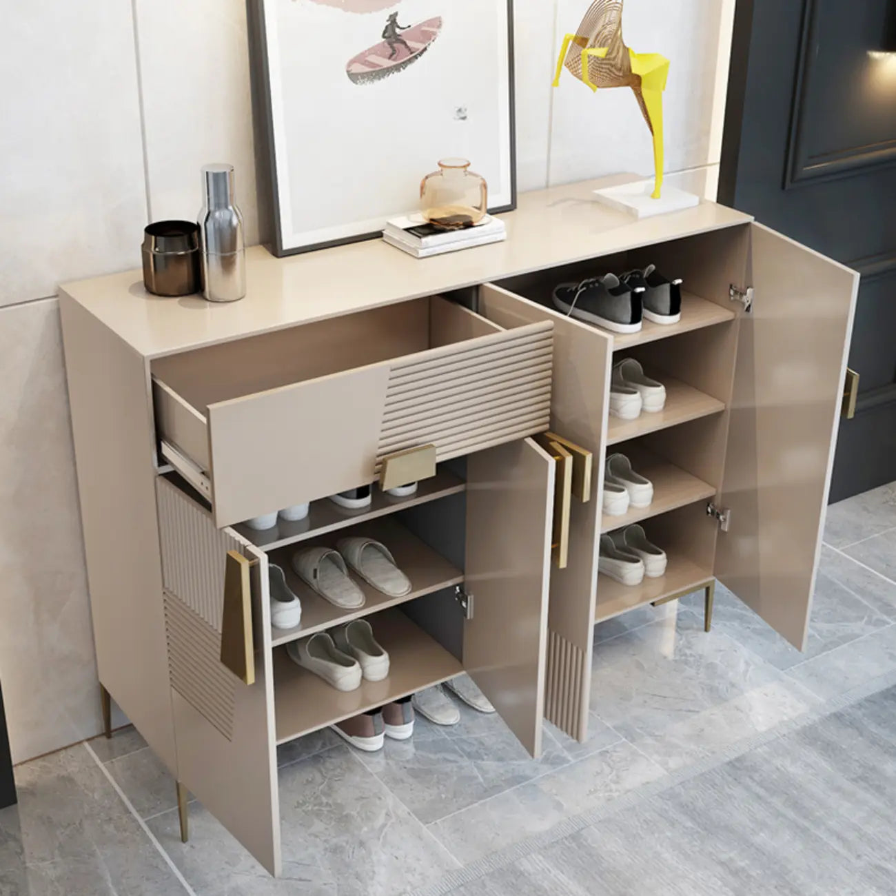 Elegant Fluted Entryway Shoe Cabinet with Drawer