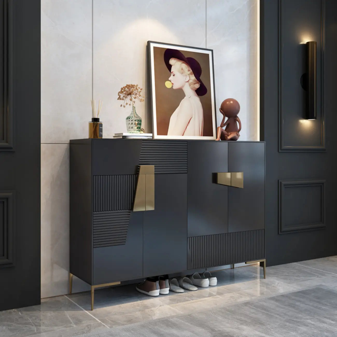 Elegant Fluted Entryway Shoe Cabinet with Drawer