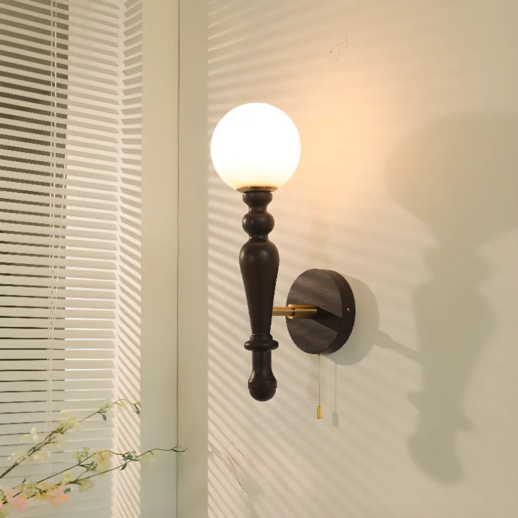 Retro Wood Wall Sconce with Ball Shade and Pull Chain