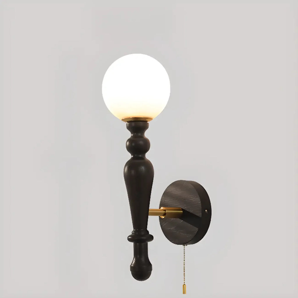 Retro Wood Wall Sconce with Ball Shade and Pull Chain