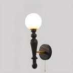Retro Wood Wall Sconce with Ball Shade and Pull Chain
