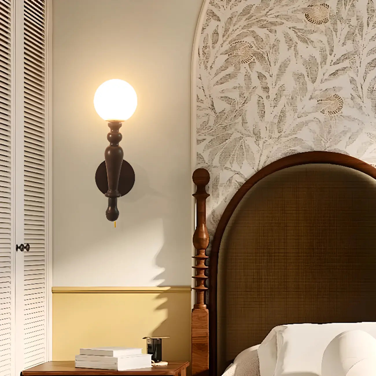 Retro Wood Wall Sconce with Ball Shade and Pull Chain