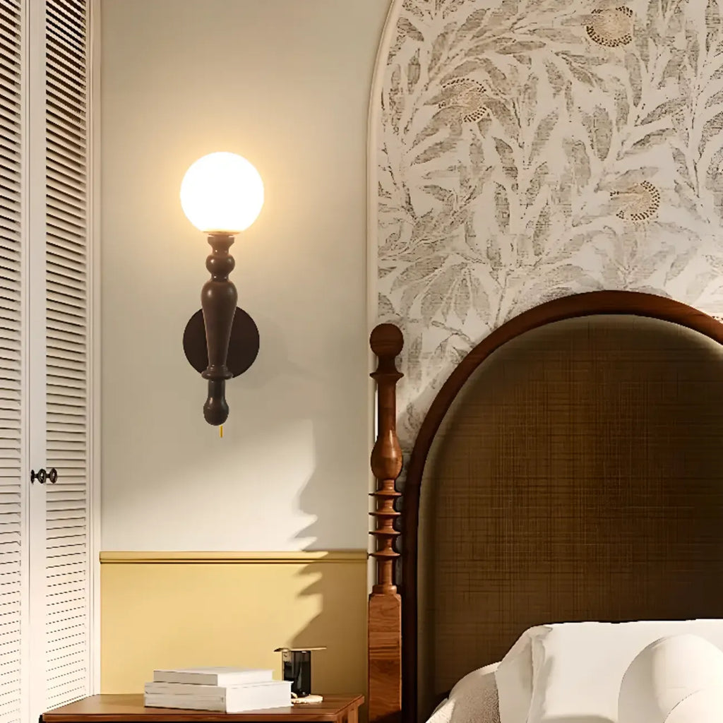 Retro Wood Wall Sconce with Ball Shade and Pull Chain