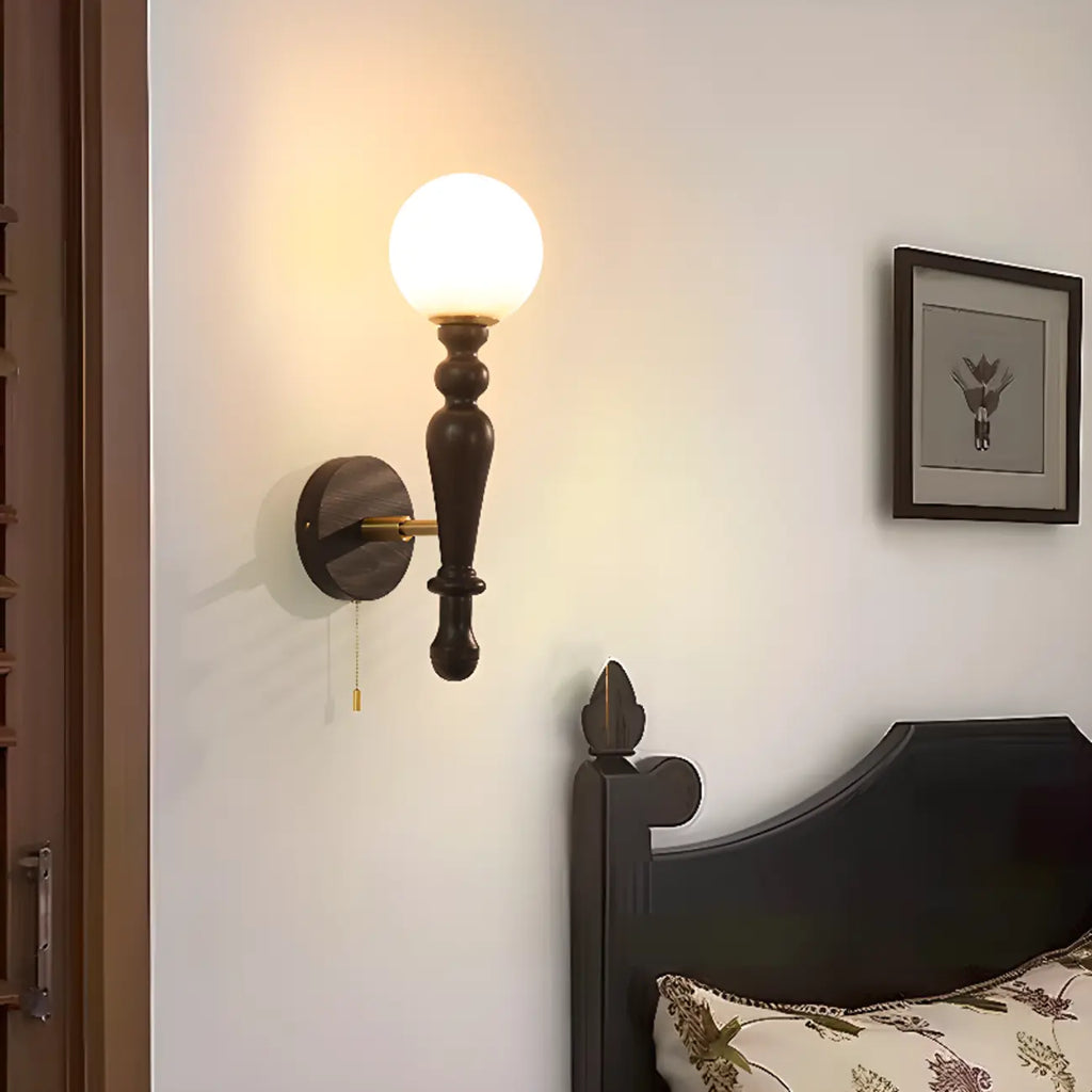 Retro Wood Wall Sconce with Ball Shade and Pull Chain