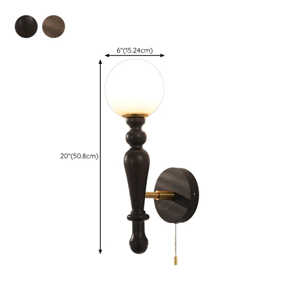 Retro Wood Wall Sconce with Ball Shade and Pull Chain