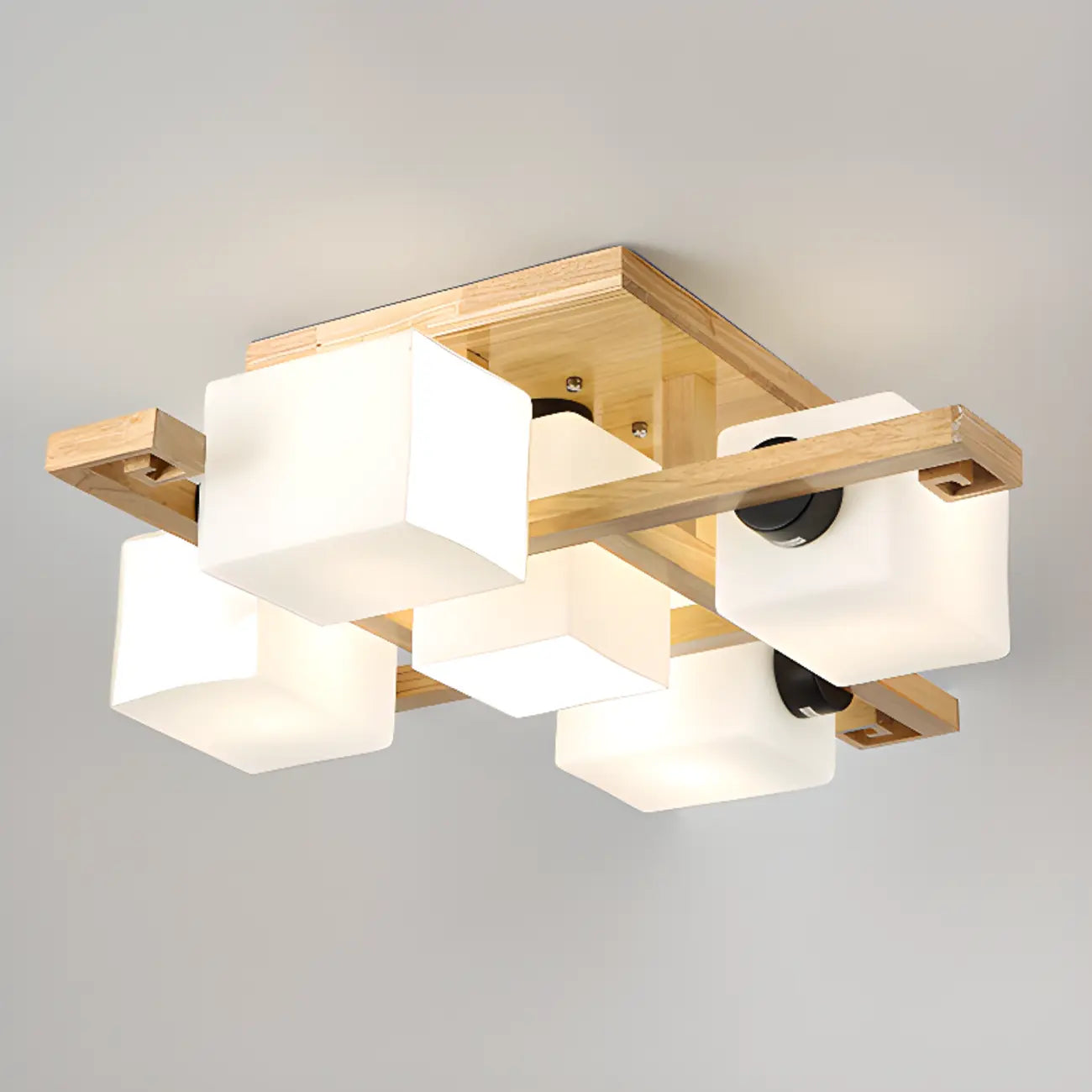 8.5 Height Square Glass Natural Wood Semi Flush Ceiling Light