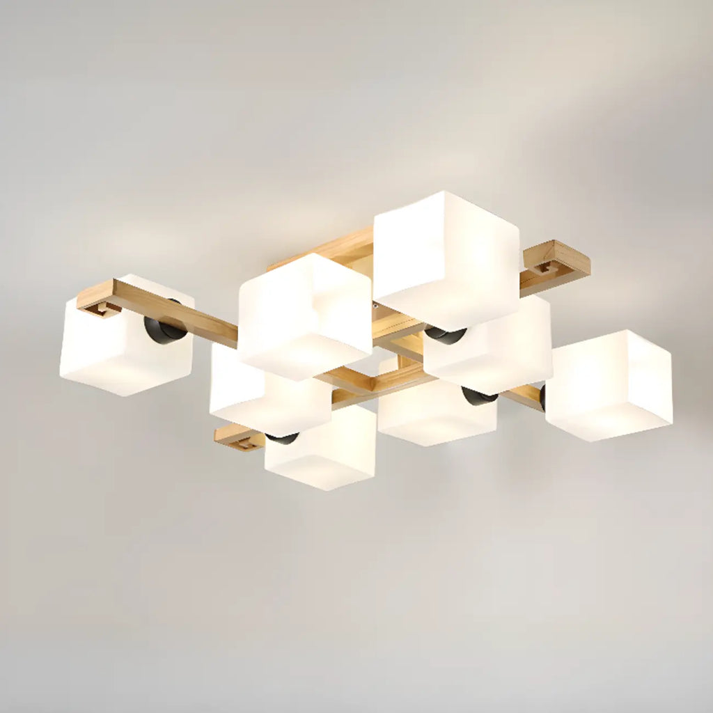 8.5 Height Square Glass Natural Wood Semi Flush Ceiling Light