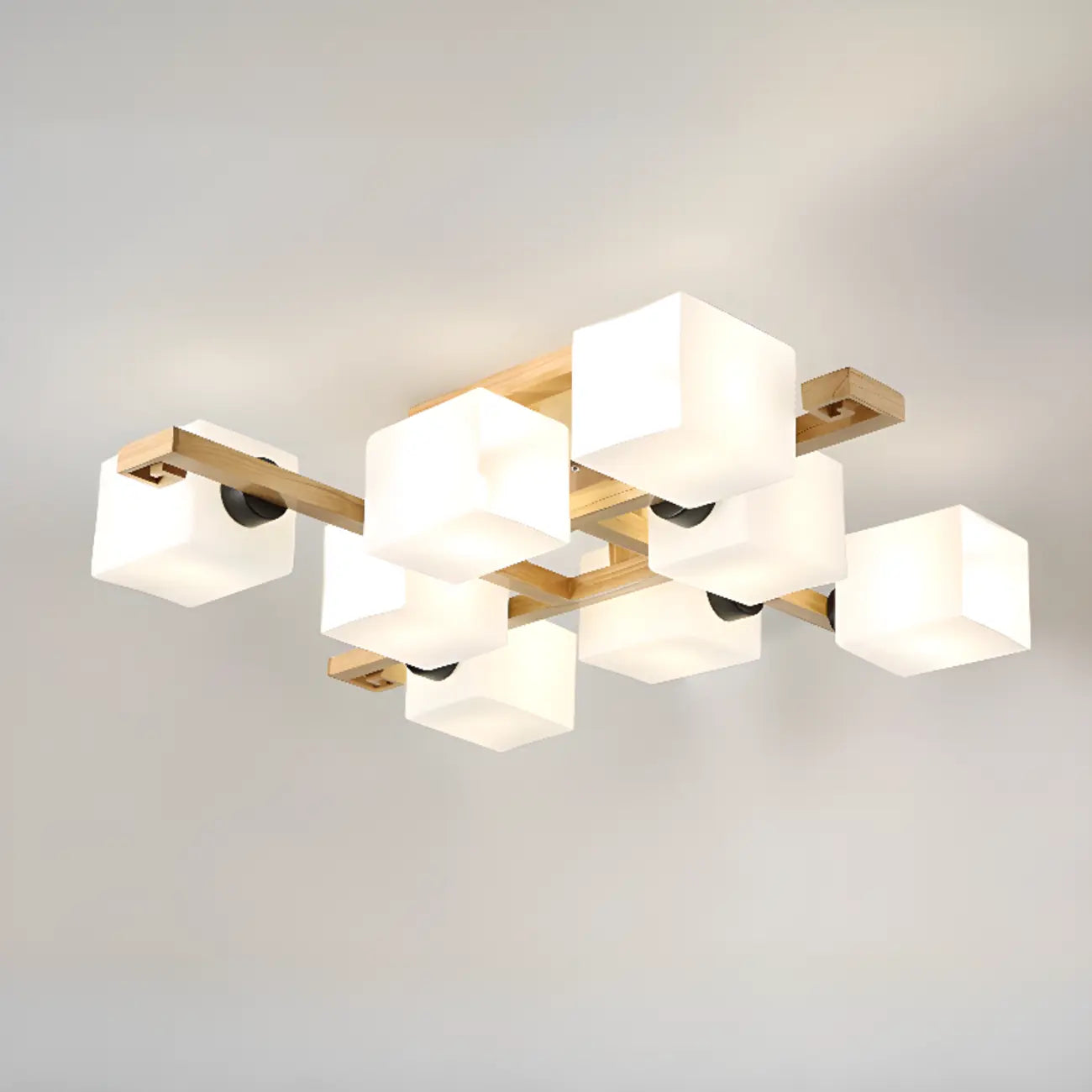 8.5 Height Square Glass Natural Wood Semi Flush Ceiling Light