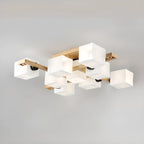 8.5 Height Square Glass Natural Wood Semi Flush Ceiling Light