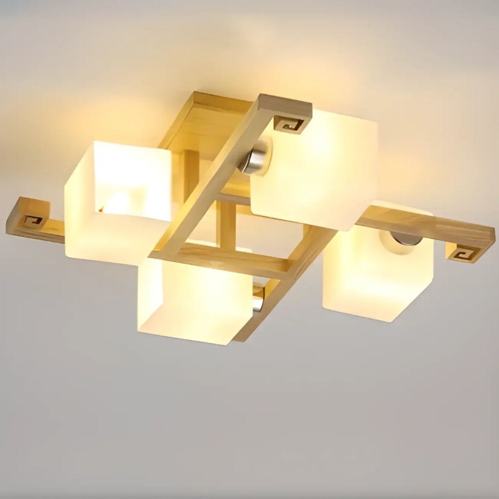 8.5 Height Square Glass Natural Wood Semi Flush Ceiling Light