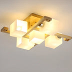 8.5 Height Square Glass Natural Wood Semi Flush Ceiling Light