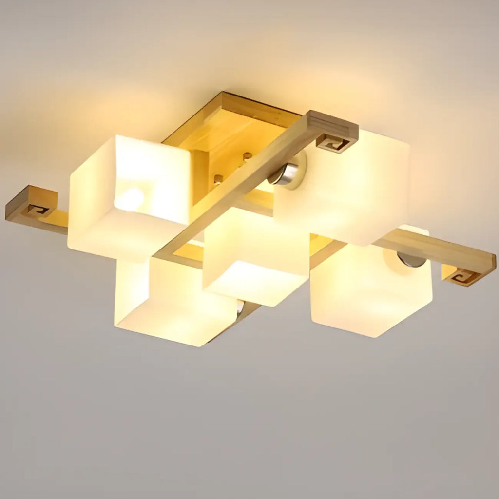 8.5 Height Square Glass Natural Wood Semi Flush Ceiling Light