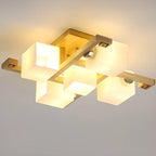 8.5 Height Square Glass Natural Wood Semi Flush Ceiling Light