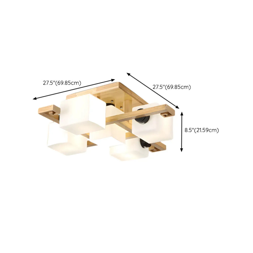 8.5 Height Square Glass Natural Wood Semi Flush Ceiling Light