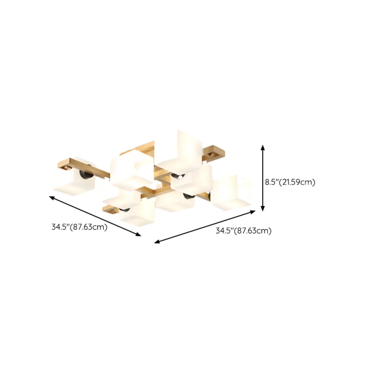 8.5 Height Square Glass Natural Wood Semi Flush Ceiling Light