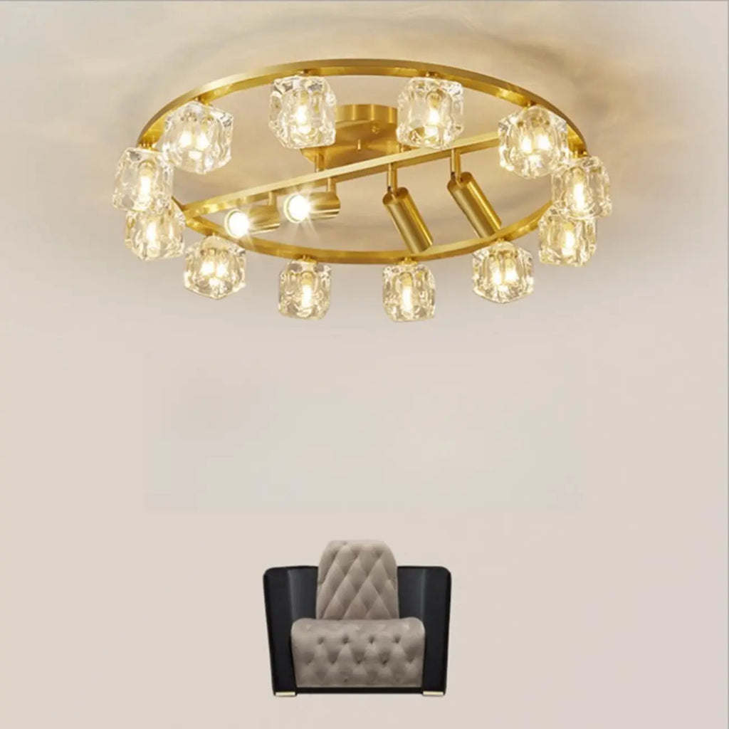 Gold Circle Cube Crystal Semi Flush Ceiling Light with Spotlights