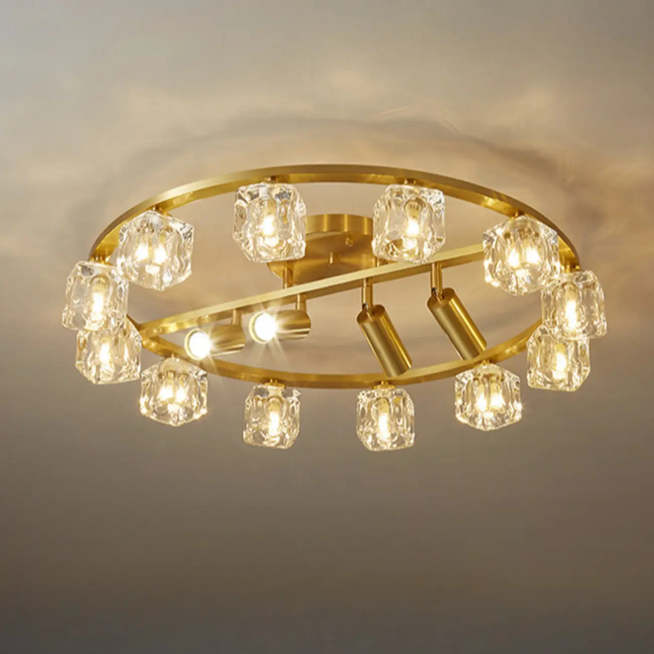 Gold Circle Cube Crystal Semi Flush Ceiling Light with Spotlights
