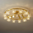 Gold Circle Cube Crystal Semi Flush Ceiling Light with Spotlights
