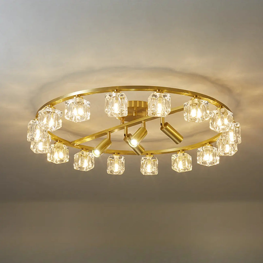 Gold Circle Cube Crystal Semi Flush Ceiling Light with Spotlights