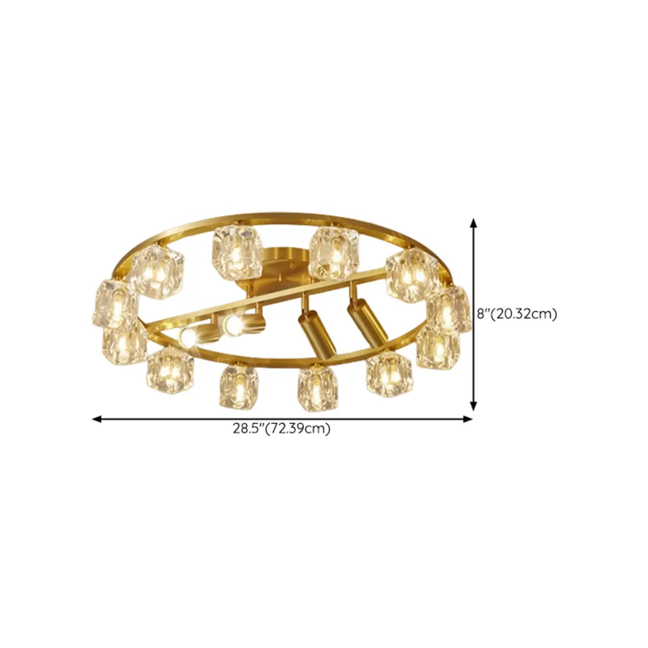 Gold Circle Cube Crystal Semi Flush Ceiling Light with Spotlights