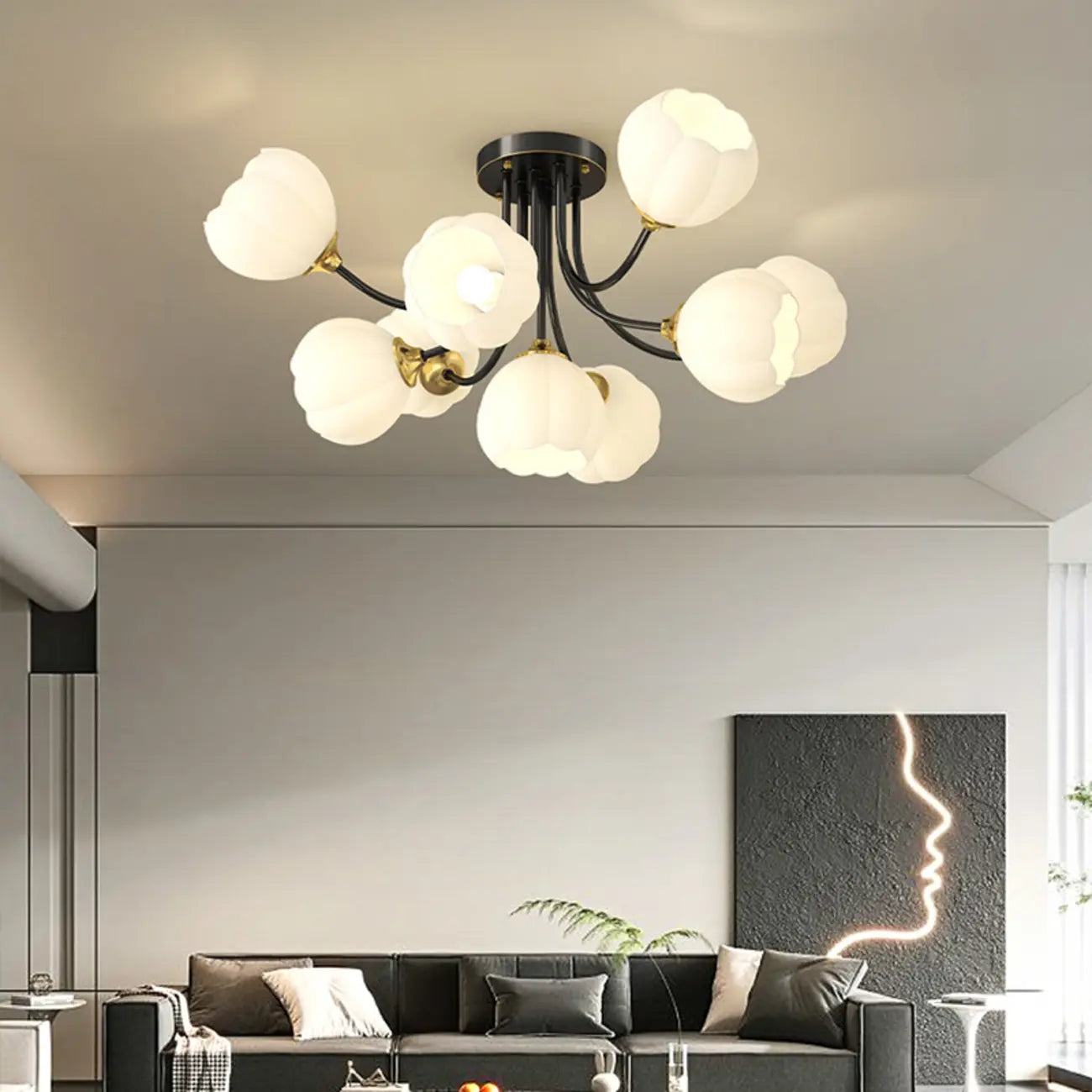 Modern White Glass Floral Shade Metal Semi Flush Ceiling Light