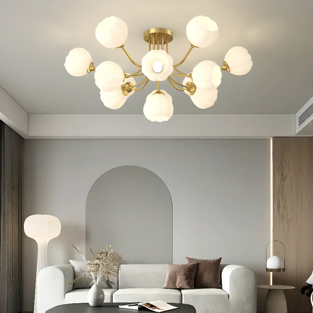 Modern White Glass Floral Shade Metal Semi Flush Ceiling Light