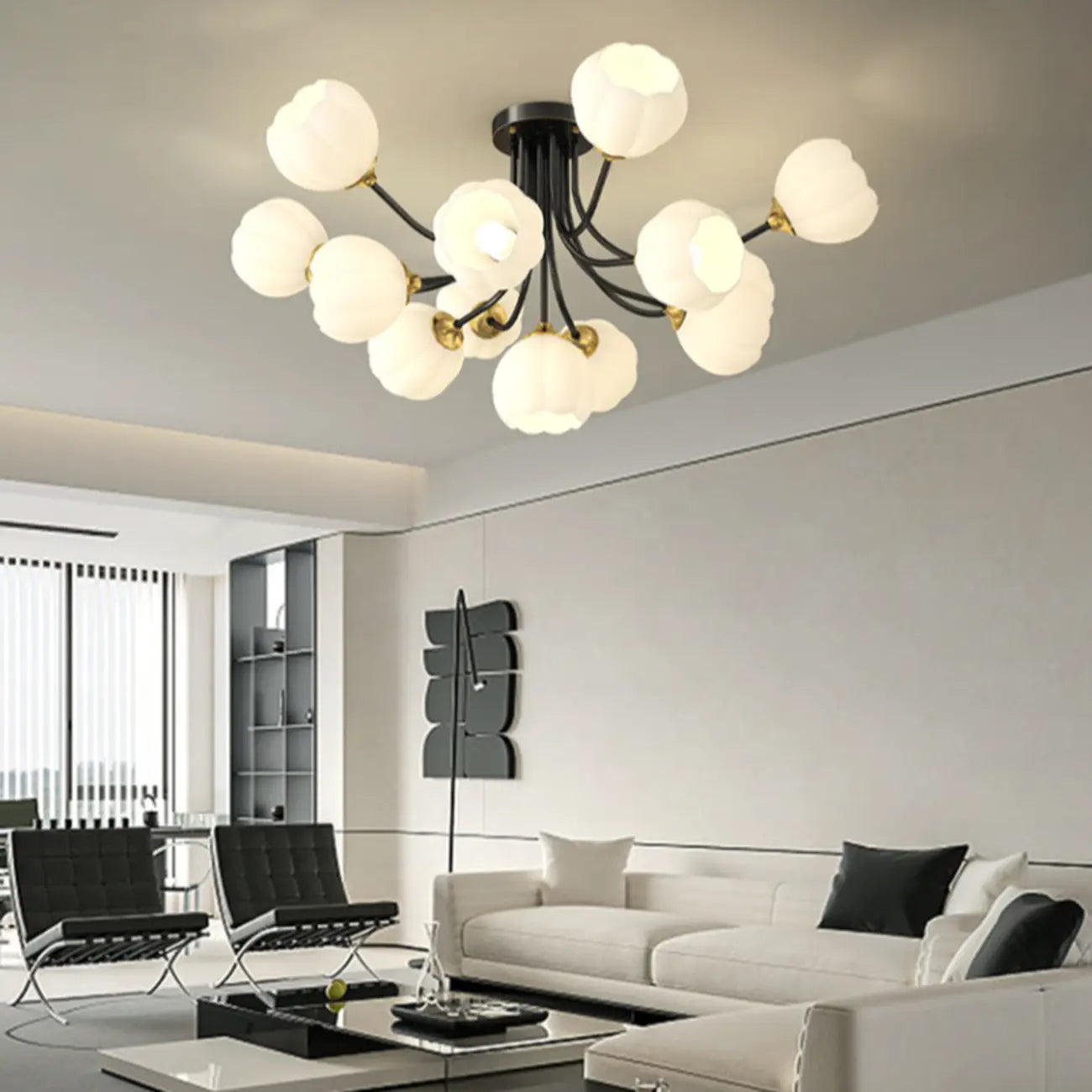 Modern White Glass Floral Shade Metal Semi Flush Ceiling Light