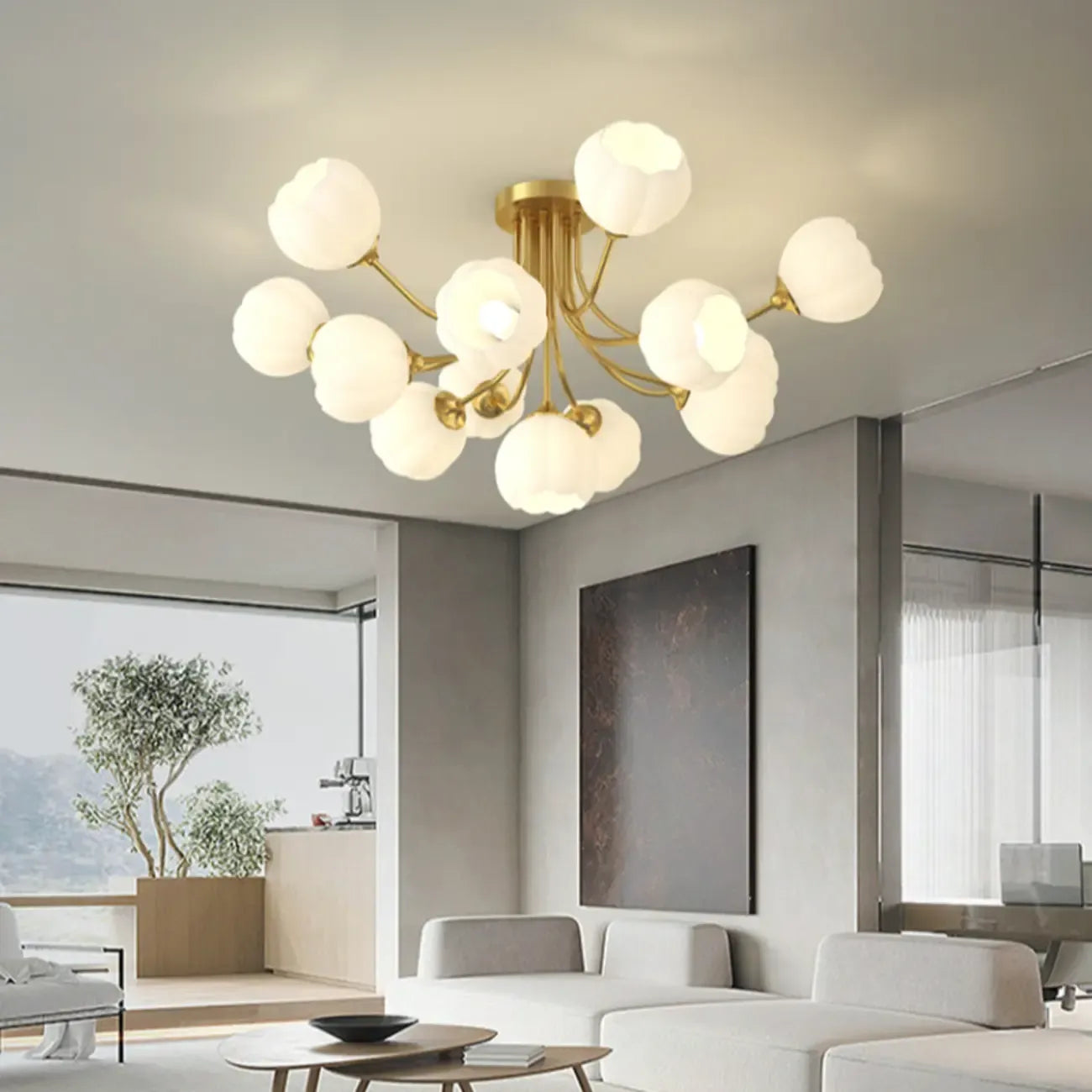 Modern White Glass Floral Shade Metal Semi Flush Ceiling Light