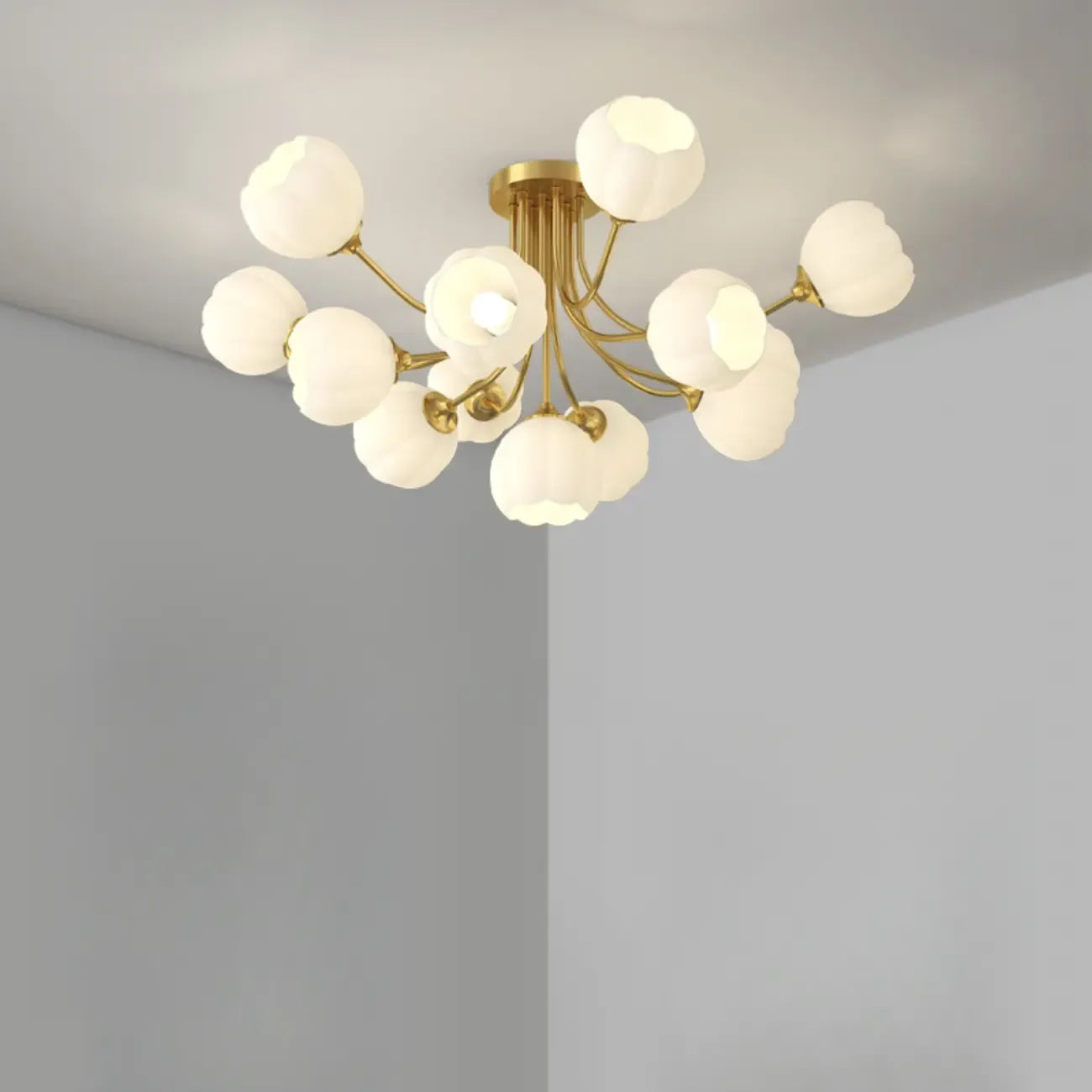 Modern White Glass Floral Shade Metal Semi Flush Ceiling Light