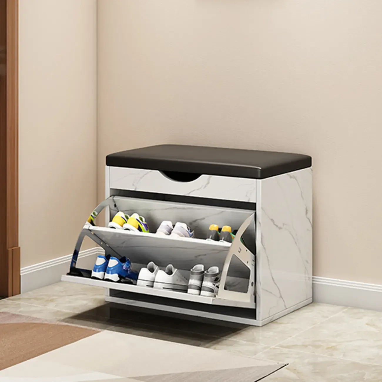 Entryway Drop Front Shoe Storage Bench with Flip-Top