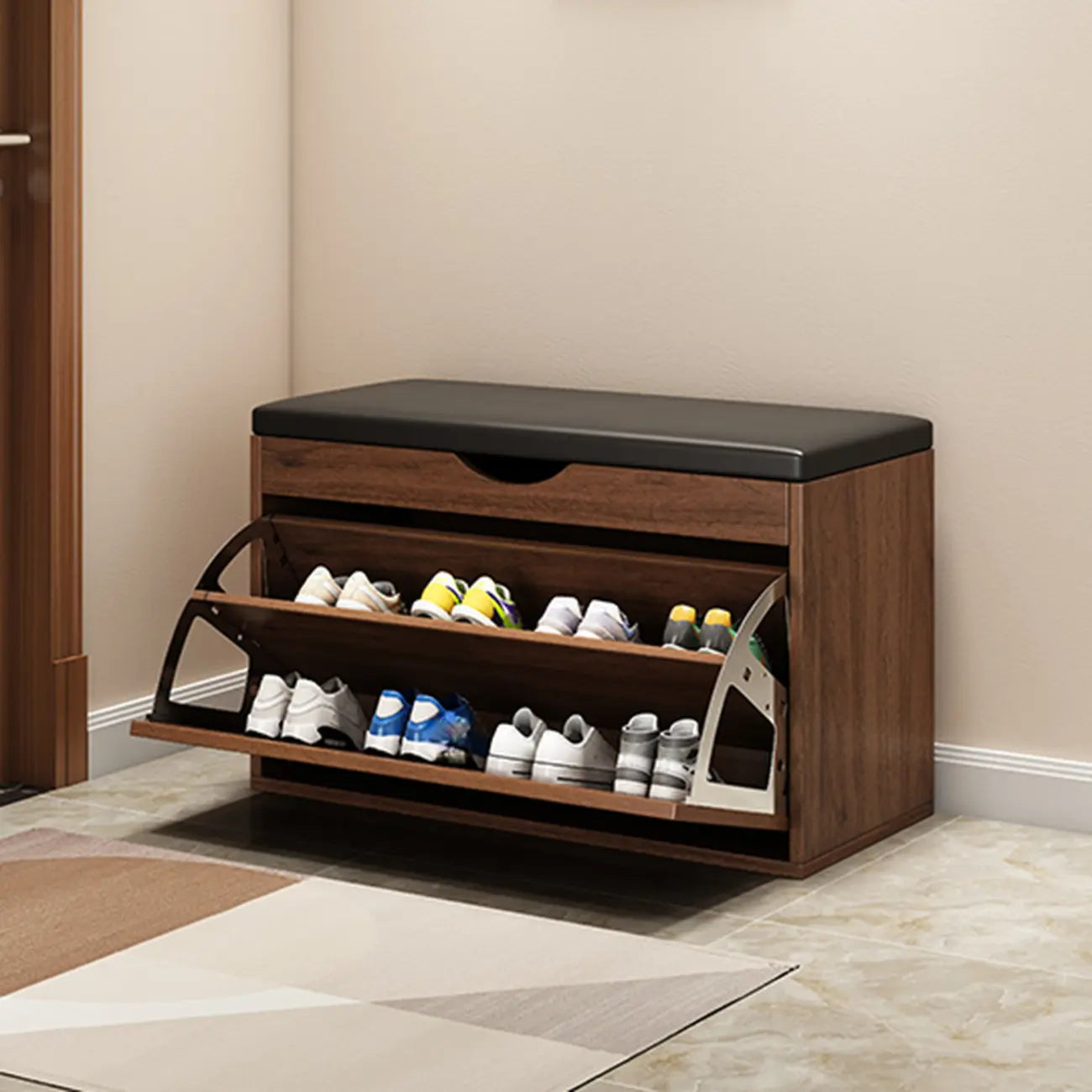 Entryway Drop Front Shoe Storage Bench with Flip-Top