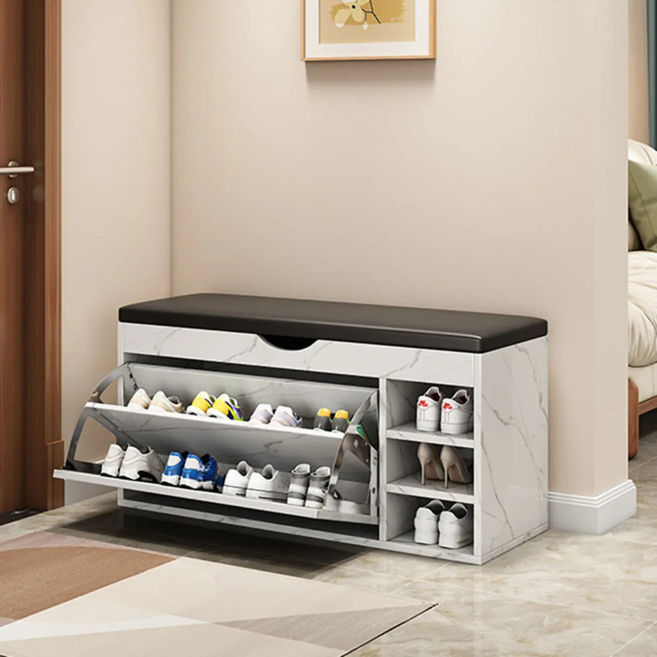 Entryway Drop Front Shoe Storage Bench with Flip-Top