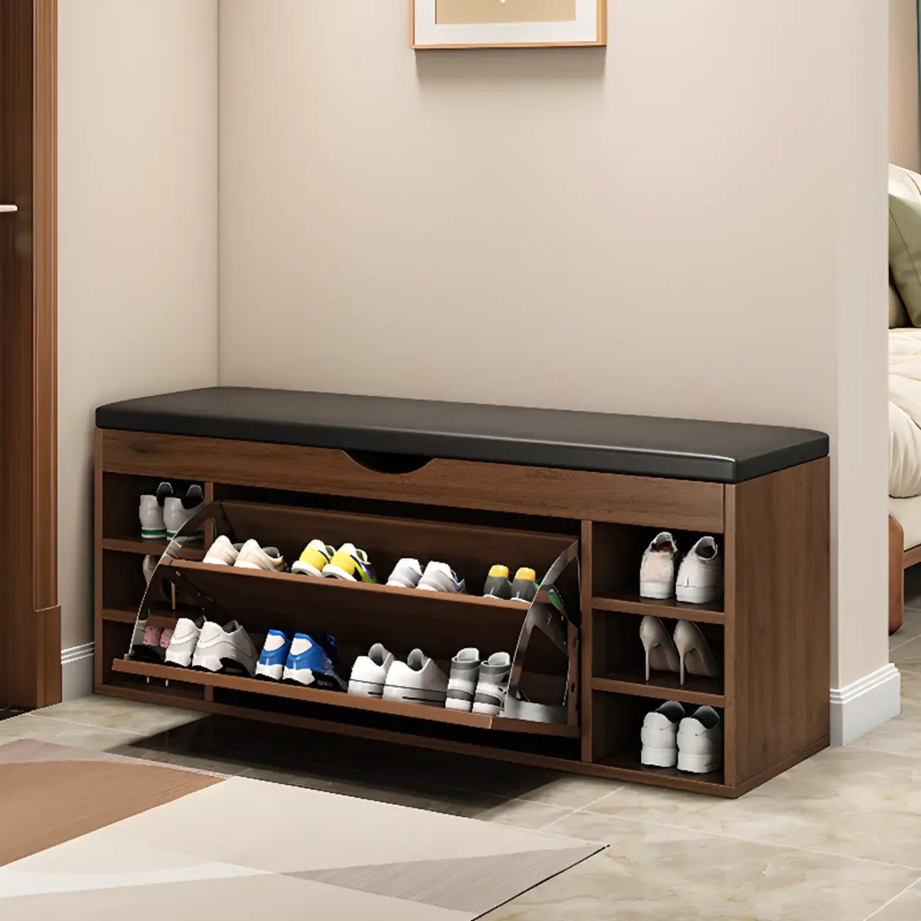 Entryway Drop Front Shoe Storage Bench with Flip-Top