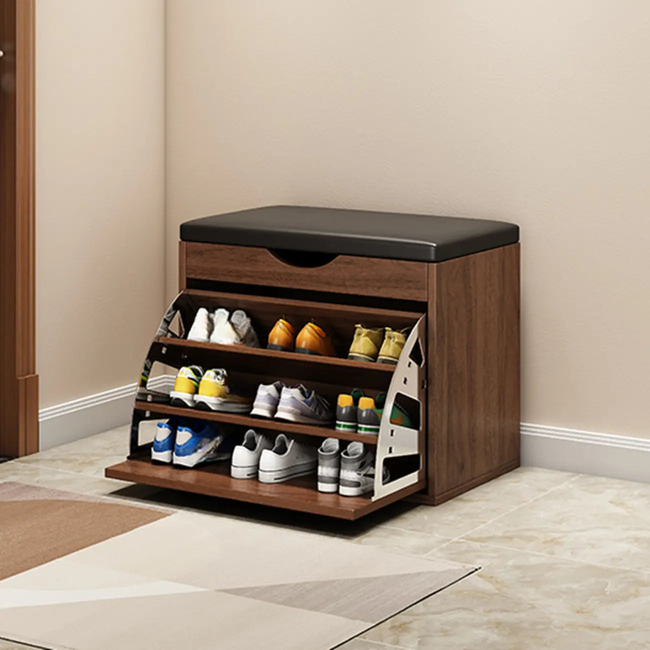 Entryway Drop Front Shoe Storage Bench with Flip-Top