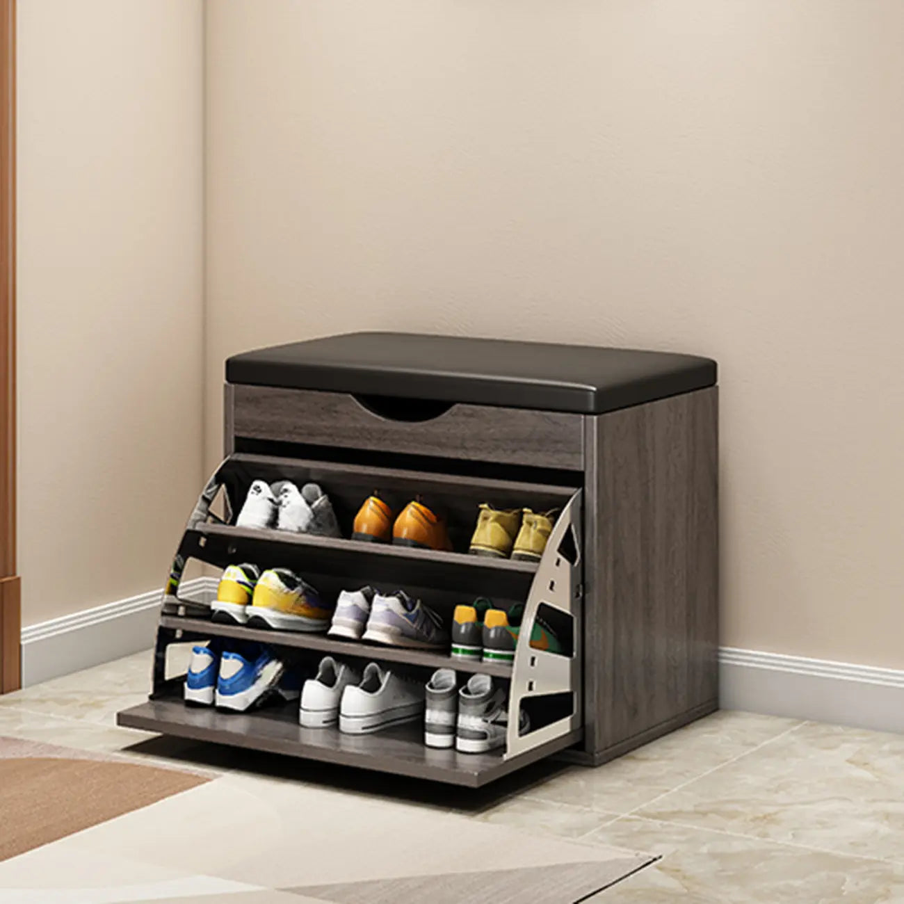 Entryway Drop Front Shoe Storage Bench with Flip-Top