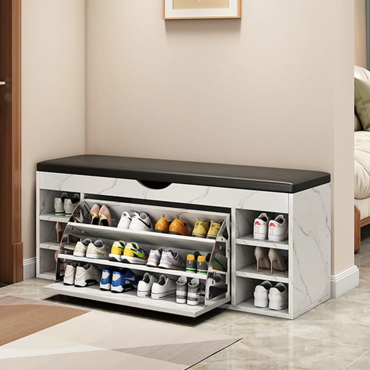 Entryway Drop Front Shoe Storage Bench with Flip-Top