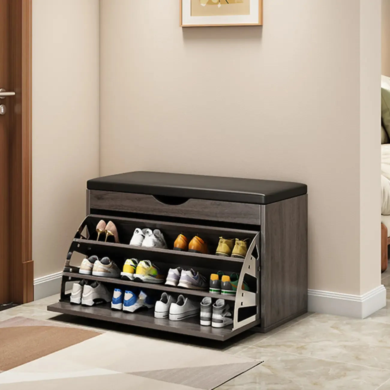 Entryway Drop Front Shoe Storage Bench with Flip-Top