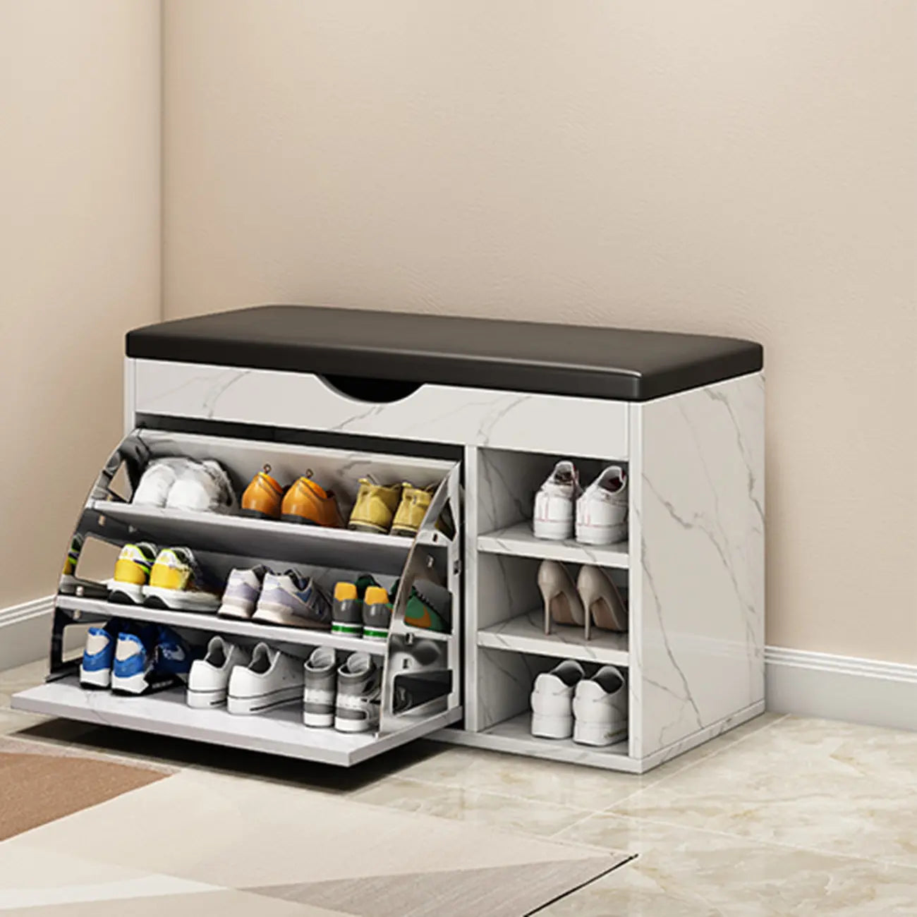 Entryway Drop Front Shoe Storage Bench with Flip-Top