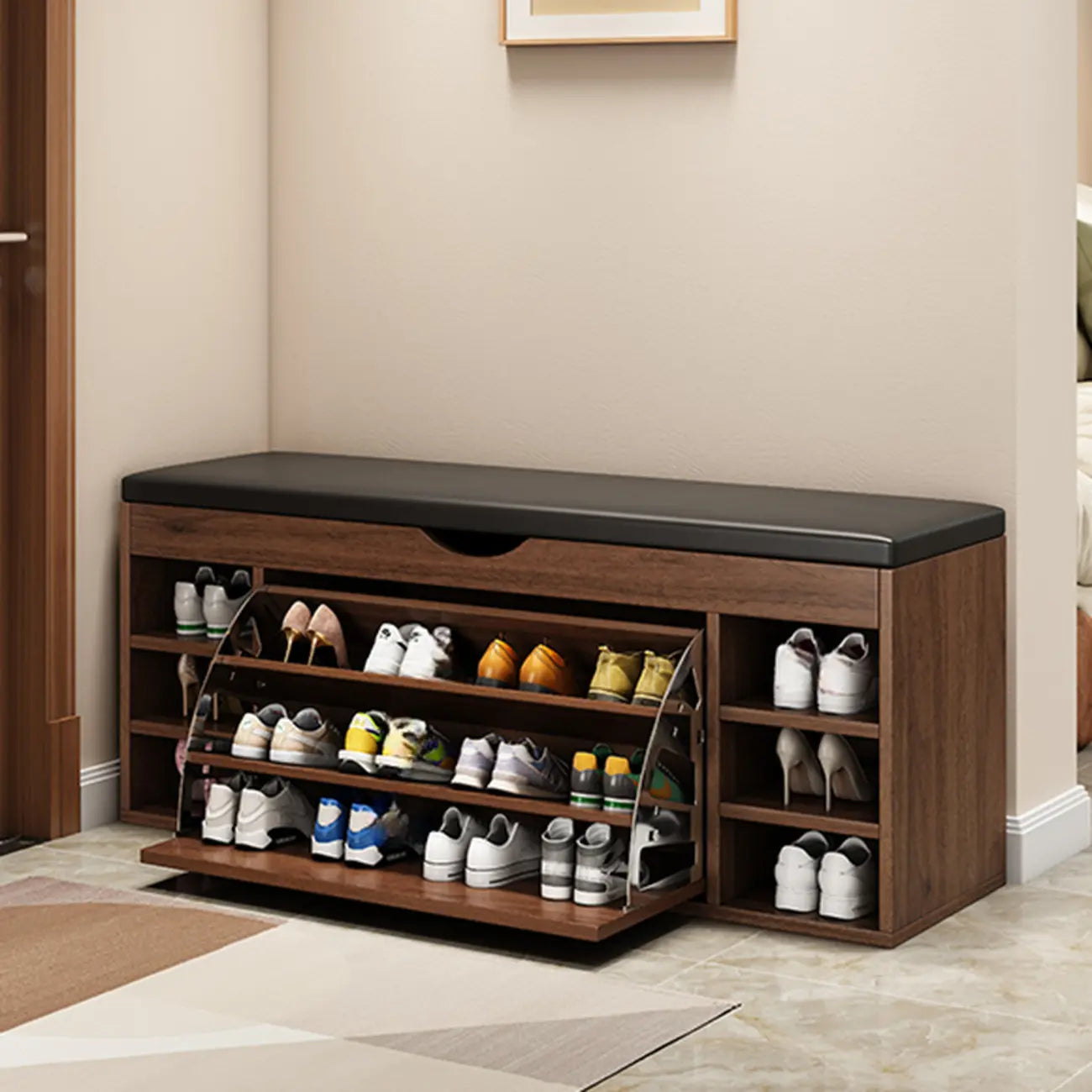 Entryway Drop Front Shoe Storage Bench with Flip-Top