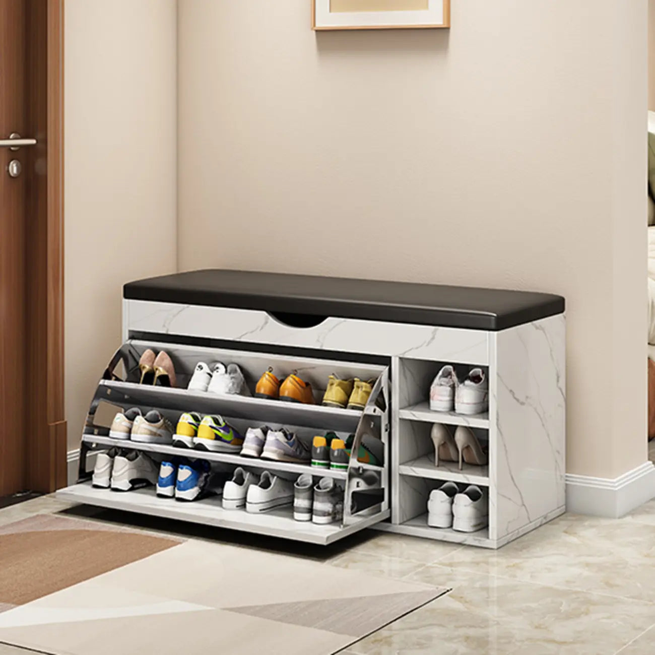 Entryway Drop Front Shoe Storage Bench with Flip-Top