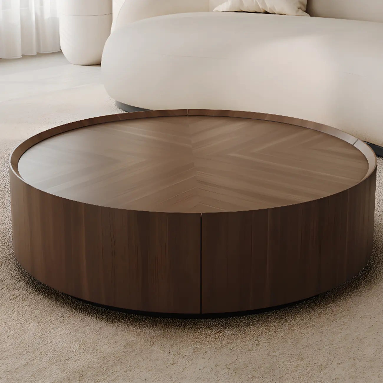 Brown Round Sleek Round Wood Coffee Table with Storage