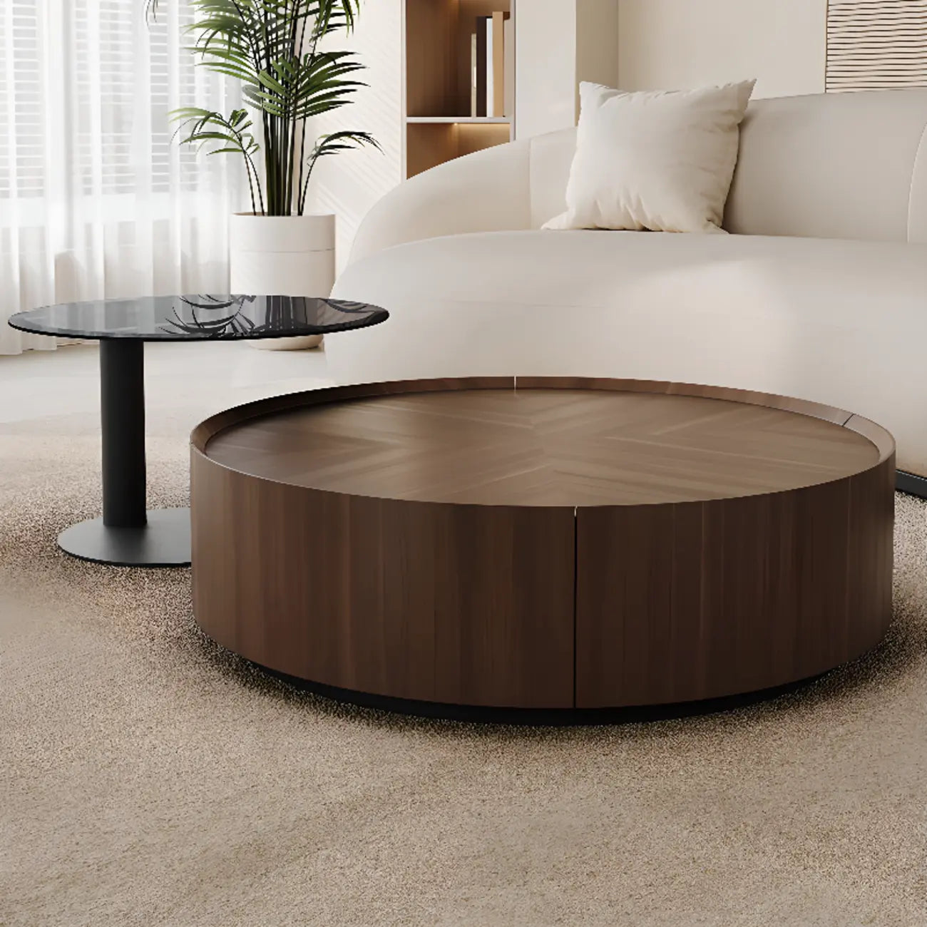 Brown Round Sleek Round Wood Coffee Table with Storage
