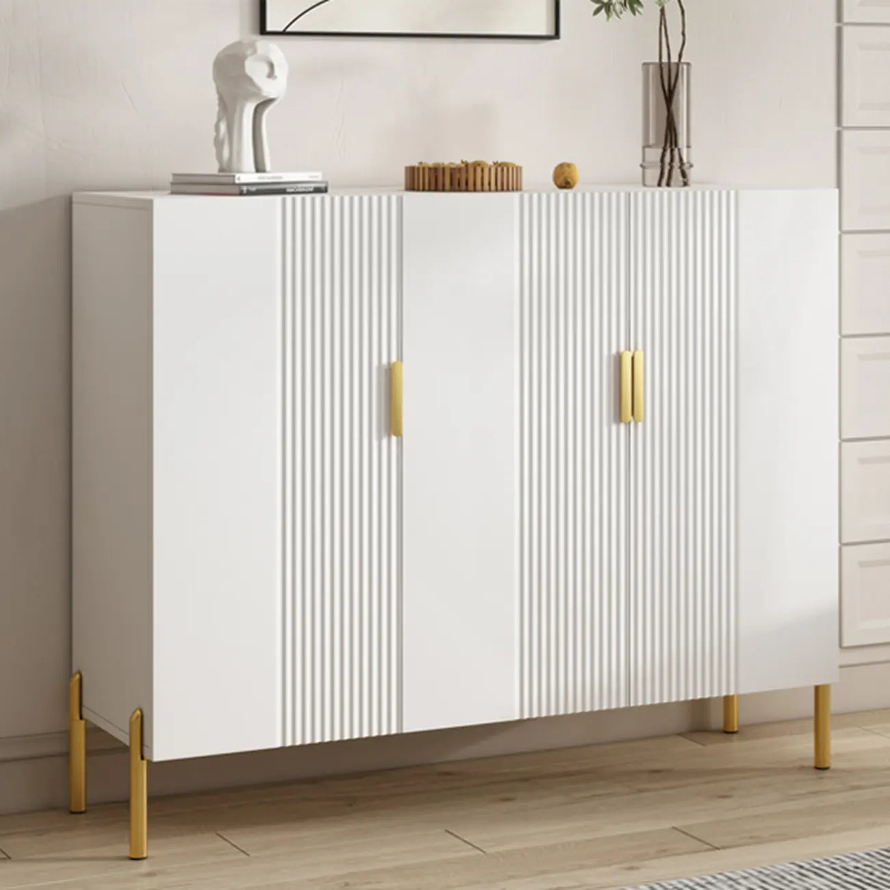 Hallway Wood White Shoe Storage Cabinet with Gold Legs