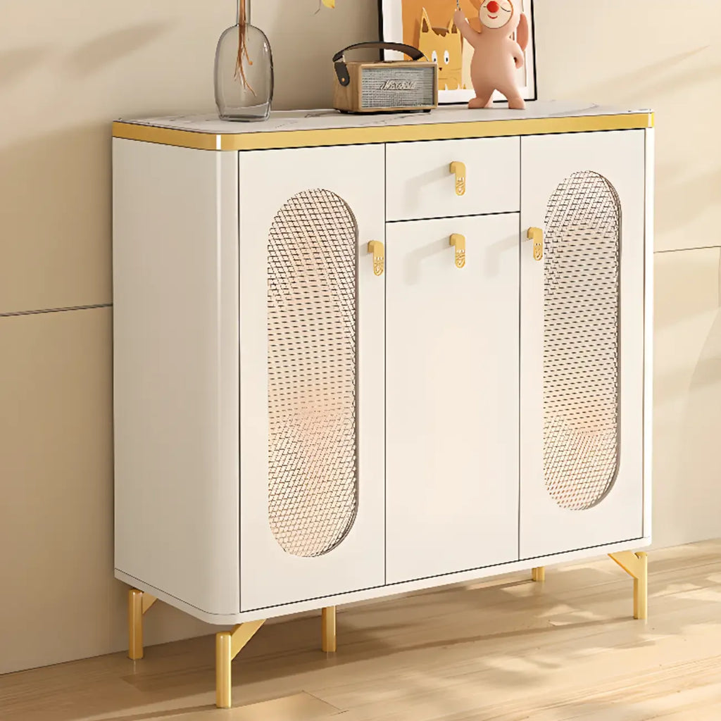 Entryway White Wooden Shoe Cabinet with Glass Doors