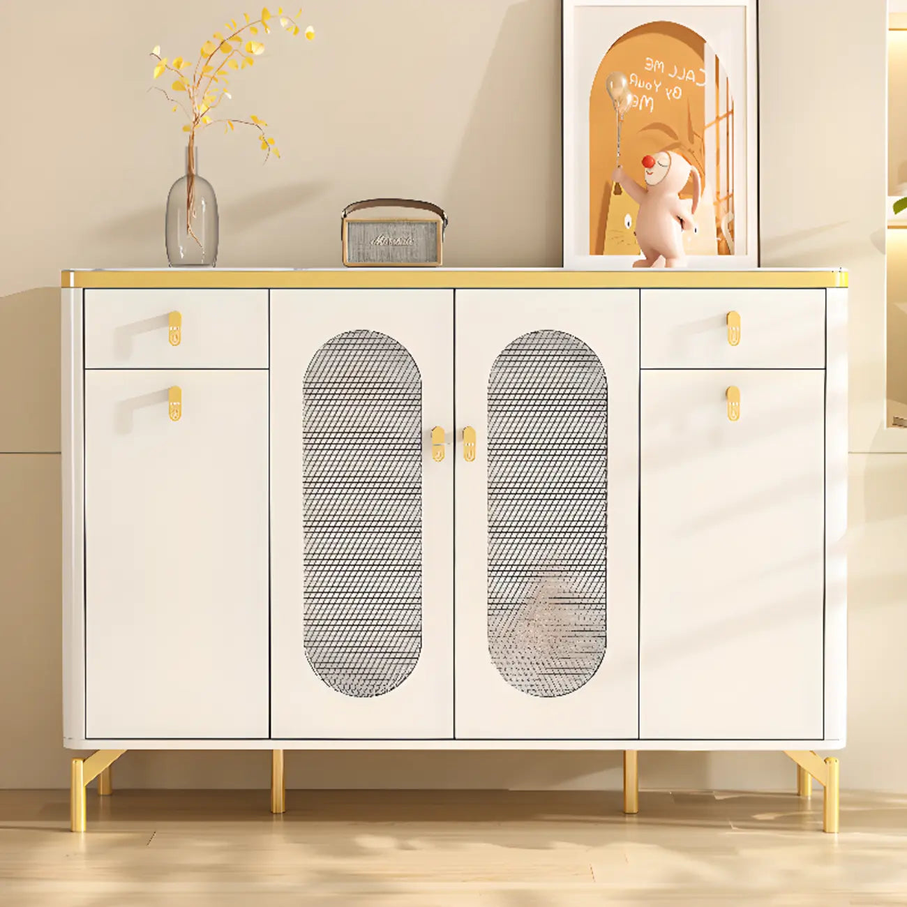 Entryway White Wooden Shoe Cabinet with Glass Doors